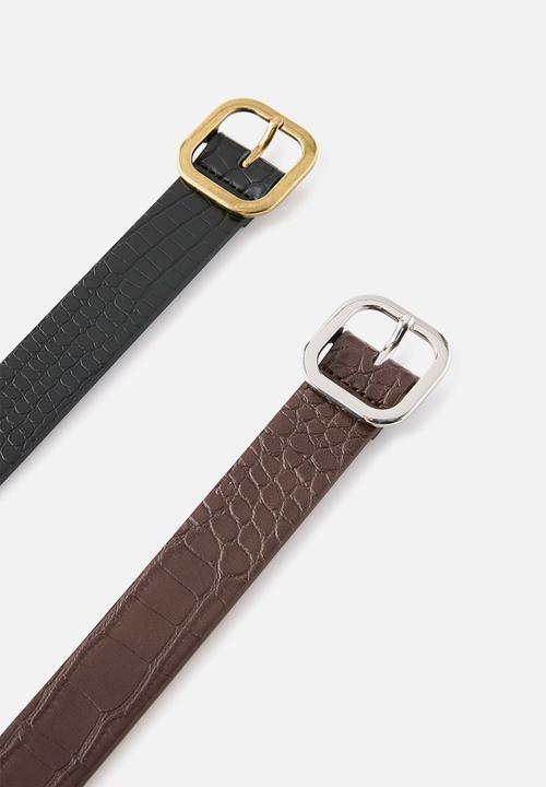 Rubi - Slim Dad Belt 2Pk - Black Texture/Brushed Gold & Choc Texture/Sil