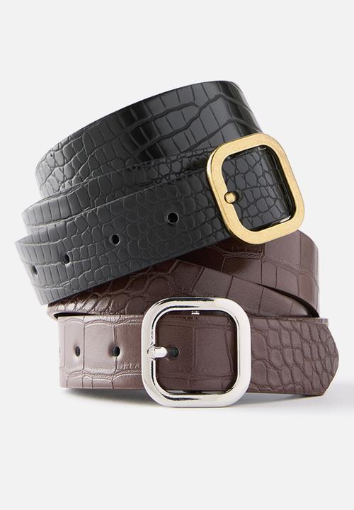 Rubi - Slim Dad Belt 2Pk - Black Texture/Brushed Gold & Choc Texture/Sil