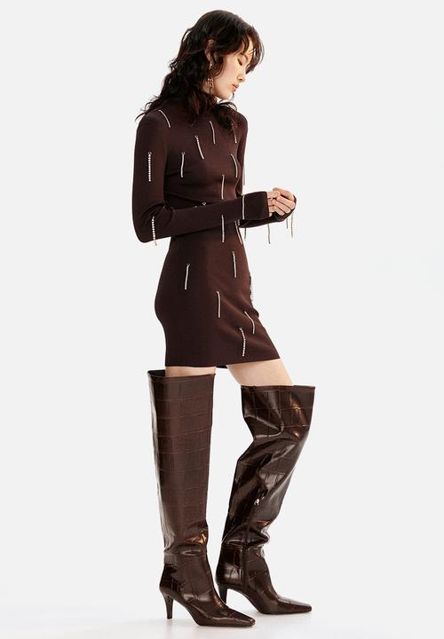 H&M - Over-the-knee boots - dark brown crocodile pattern