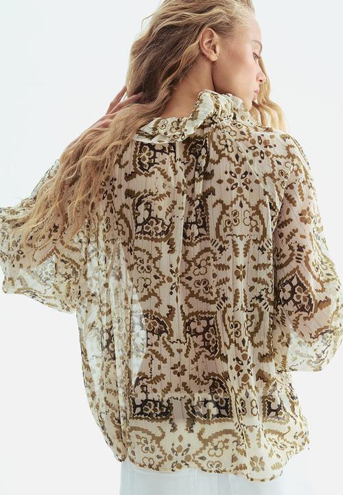 H&M - Frilled-collar blouse - light beige patterned 