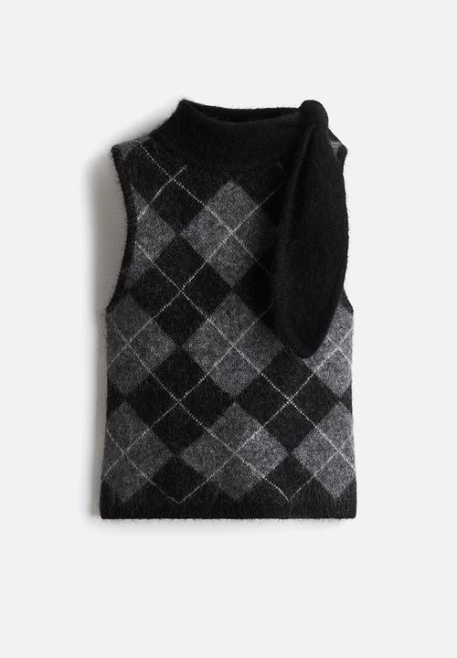 H&M - Mohair-blend scarf-collar top - grey argyle pattern
