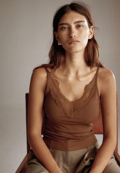 H&M - Lace-trimmed strappy top - brown