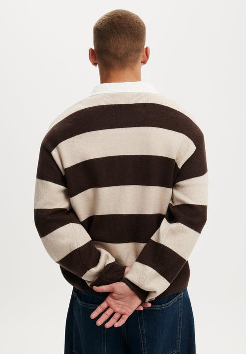 Cotton On - Boxy Rugby Polo - Mocha Bold Stripe