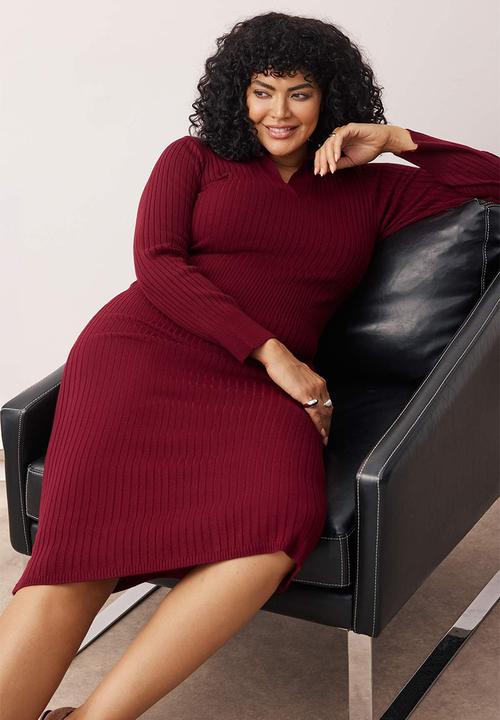 Trendyol - Polo Neck Ribbed Knitwear Dress - Plum