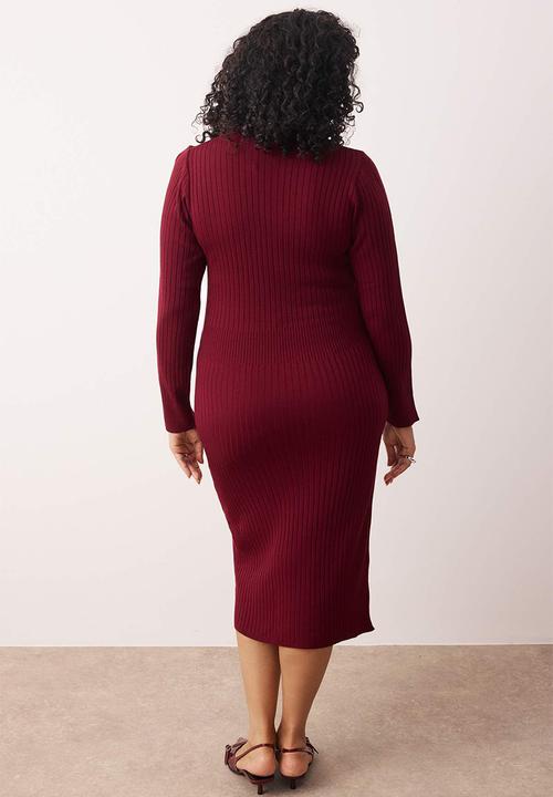 Trendyol - Polo Neck Ribbed Knitwear Dress - Plum