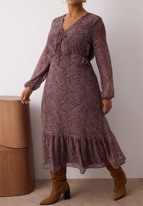 Trendyol - Shawl Pattern Chiffon Midi Woven Plus Size Dress - brown