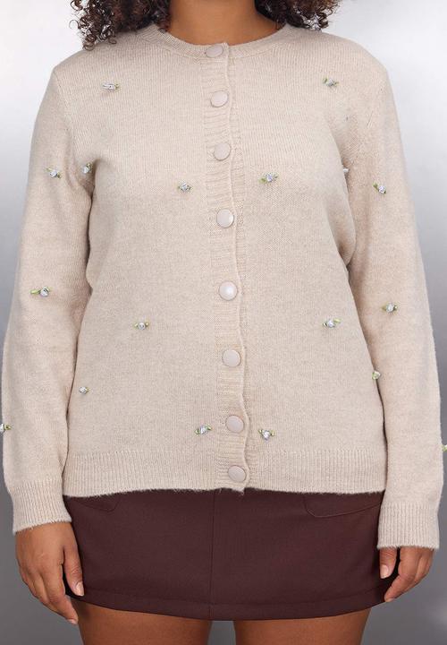Trendyol - Rose Embroidered Crew Neck Knitwear Cardigan - Stone