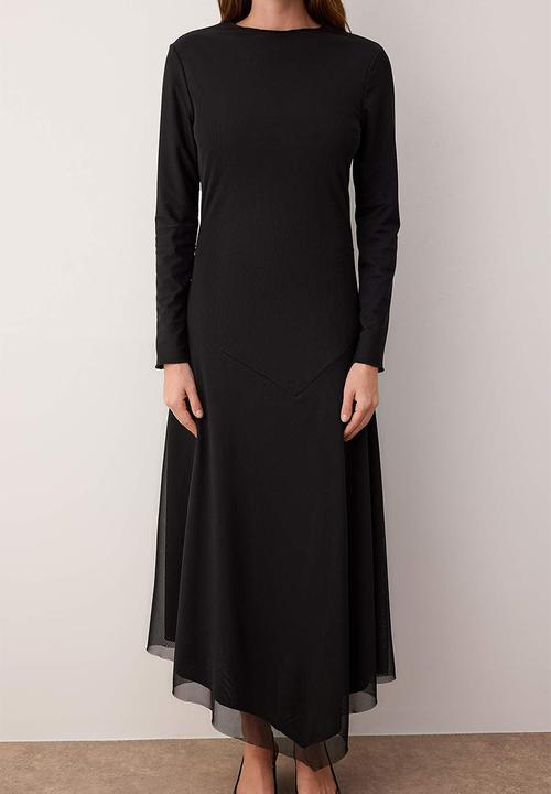 Trendyol - Lined Hem Asymmetric Tulle Knitted Dress - Black