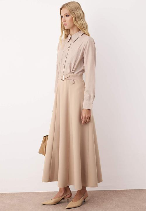 Trendyol - Stripe Shirt Belt Detailed Woven Dress - Beige