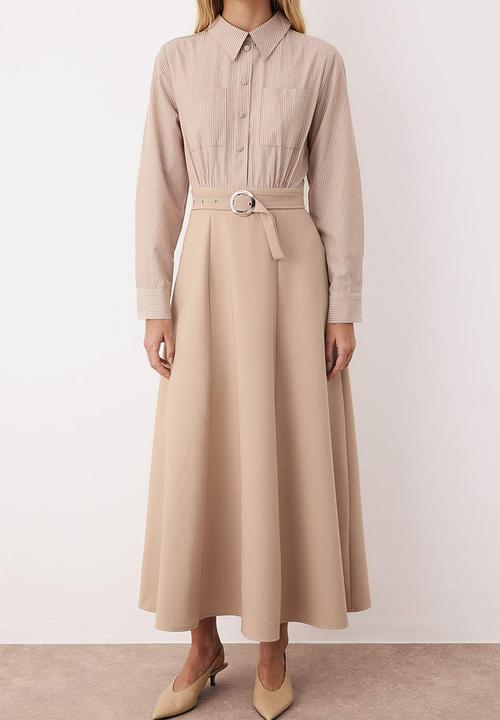 Trendyol - Stripe Shirt Belt Detailed Woven Dress - Beige