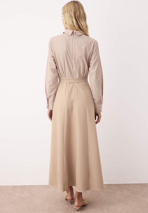 Trendyol - Stripe Shirt Belt Detailed Woven Dress - Beige