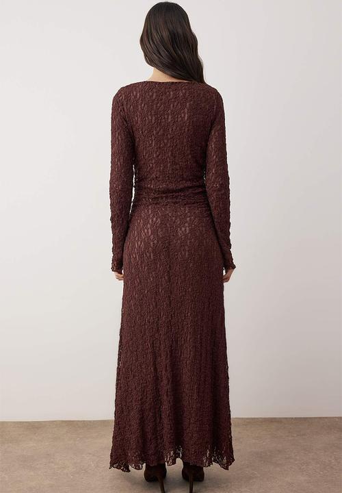 Trendyol - Lined Lace Fabric Knitted Dress - Brown