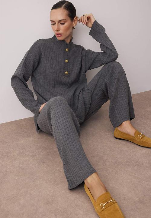 Trendyol - Gold Buttoned Knitwear Bottom & Top Set - Anthracite
