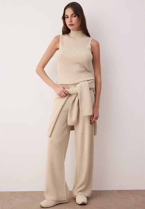 Trendyol - 3-Piece Cardigan Blouse Pants Knitwear Set - Beige