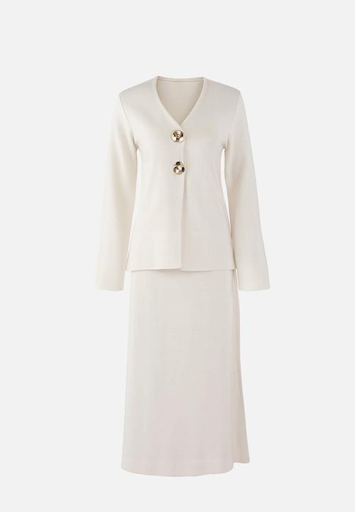 Trendyol - Gold Buttoned Knitwear Skirt Suit - Ecru