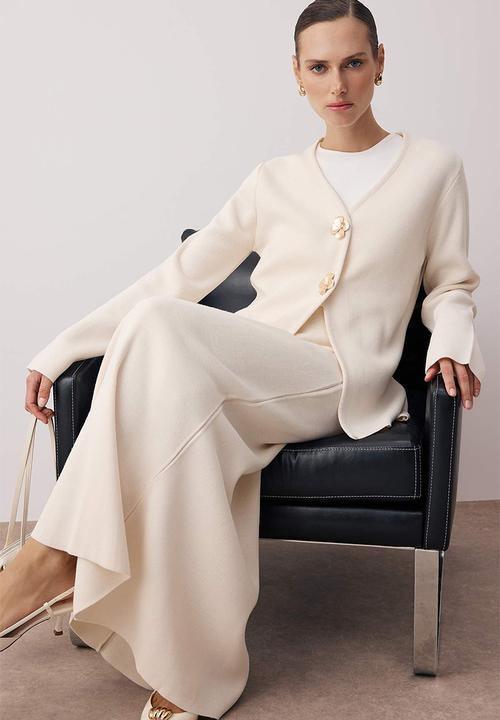Trendyol - Gold Buttoned Knitwear Skirt Suit - Ecru