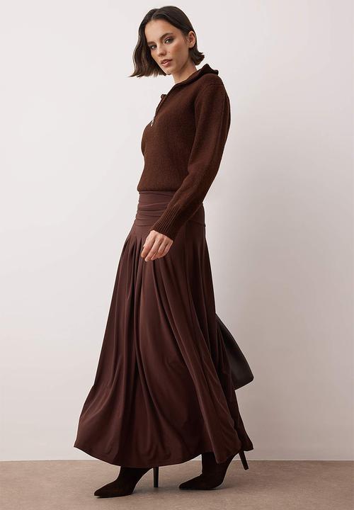 Trendyol - Pleated Detailed Unlined Knitted Skirt - Brown