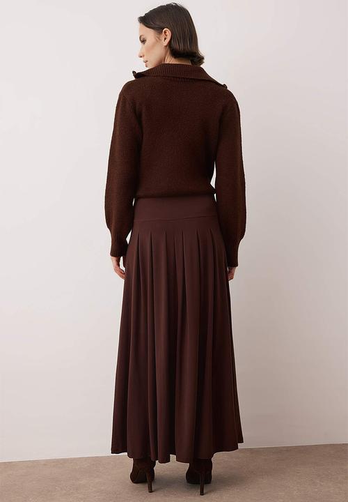 Trendyol - Pleated Detailed Unlined Knitted Skirt - Brown