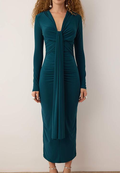 Trendyol - Body Fitting V Neck Knitted Dress - Petrol