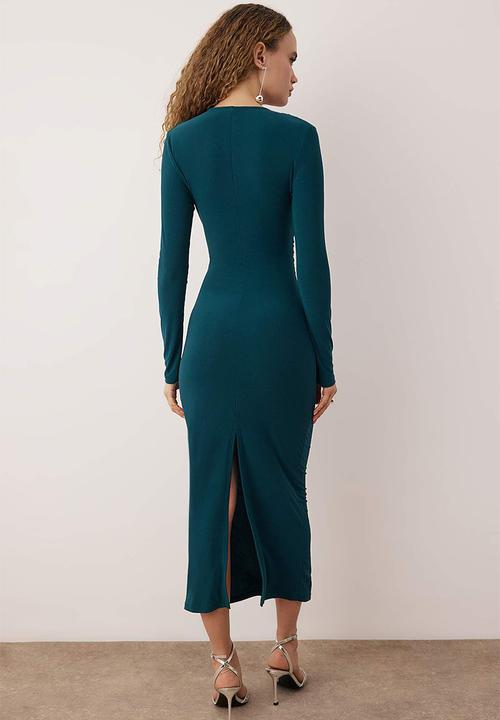 Body Fitting V Neck Knitted Dress - Petrol