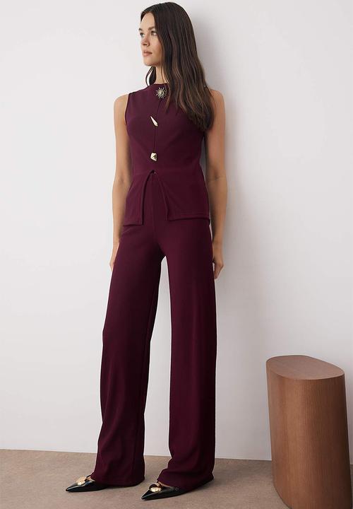Trendyol - Button Detailed Stretchy Knitted Bottom Top Set - Plum
