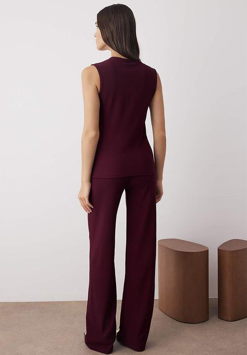 Trendyol - Button Detailed Stretchy Knitted Bottom Top Set - Plum