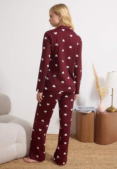 Trendyol - Heart Patterned Knitted Pajamas Set - Burgundy