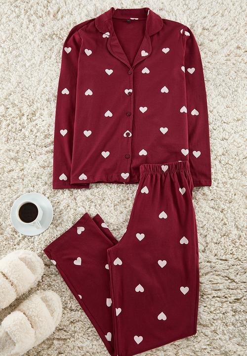 Trendyol - Heart Patterned Knitted Pajamas Set - Burgundy