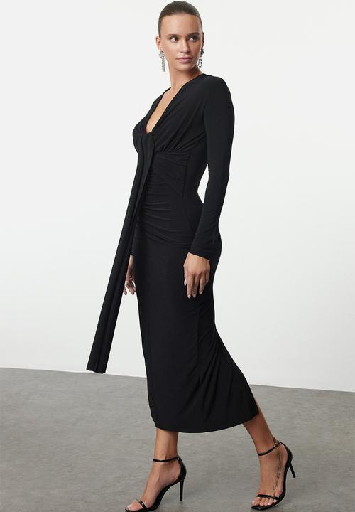 Trendyol - Bodycon V-Neck Knitted Dress - Black