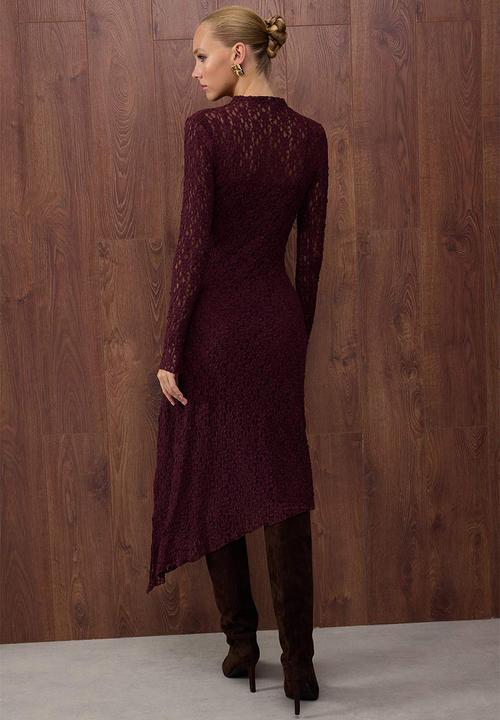 Trendyol - Asymmetrical Bodycon Maxi Knitted Lace Dress - Plum
