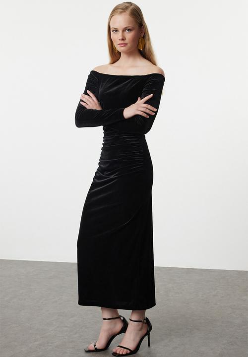 Trendyol - Bodycon Knitted Velvet Midi Evening Dress Night - Black