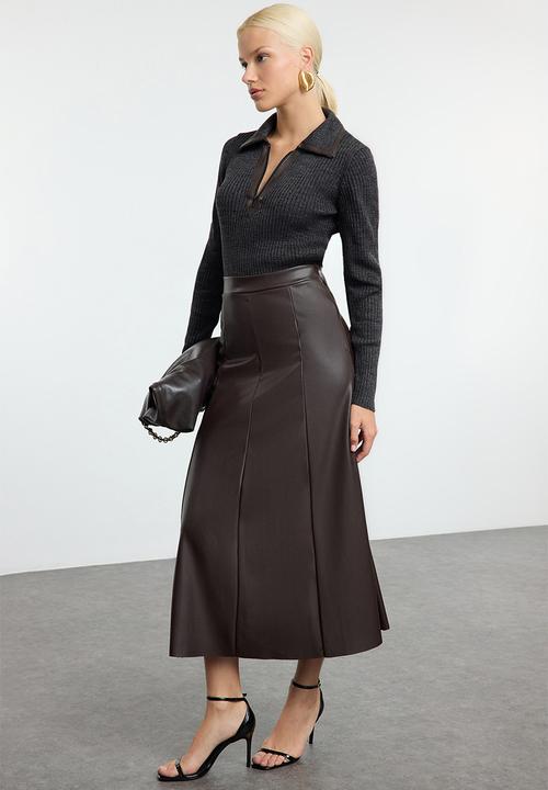 Trendyol - High Waist Faux Leather Maxi Skirt - Dark Brown