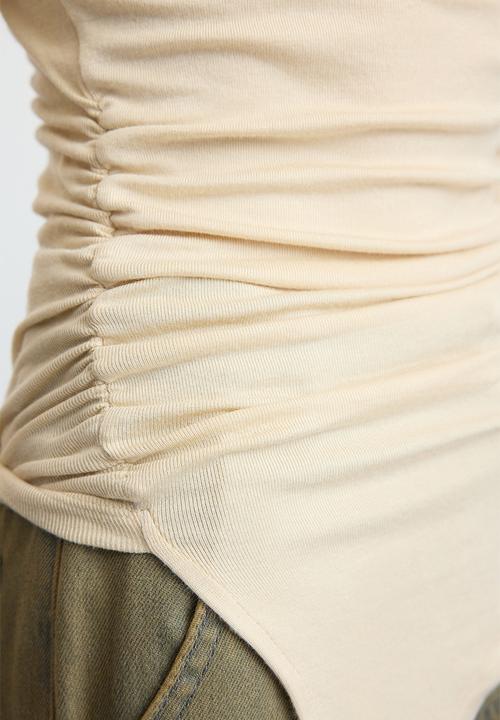 Trendyol - Stand Collar Fitted Knitted Blouse Drape Detailed - Stone