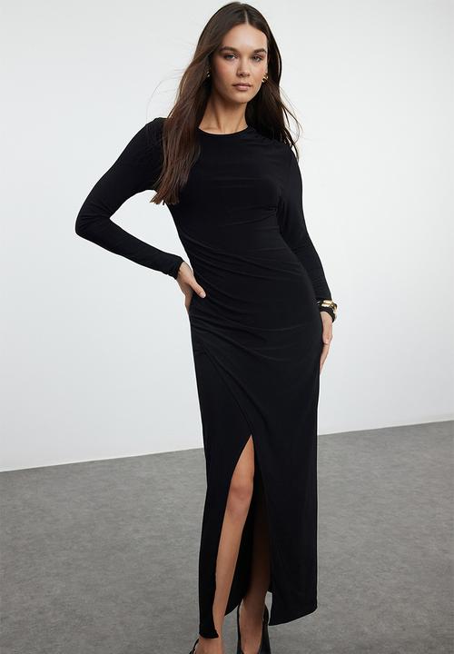 Trendyol - Draped Maxi Knitted Dress Crew Neck - Black