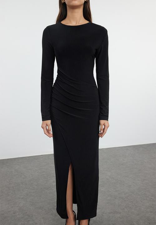 Trendyol - Draped Maxi Knitted Dress Crew Neck - Black