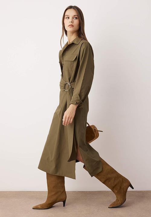 Trendyol - Belted A-Line Midi Woven Dress - Khaki