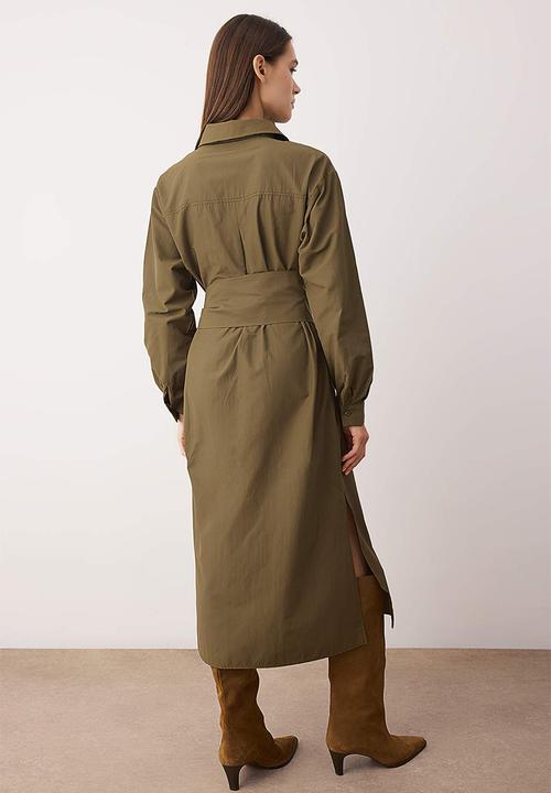 Trendyol - Belted A-Line Midi Woven Dress - Khaki