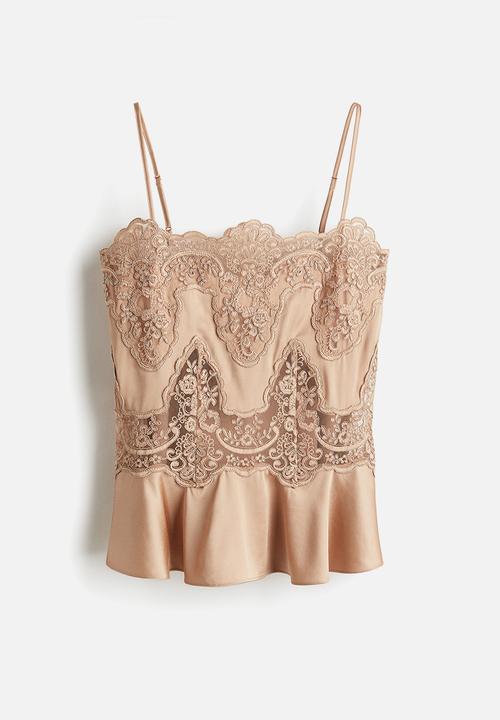 H&M - Lace-inset satin strappy top - beige