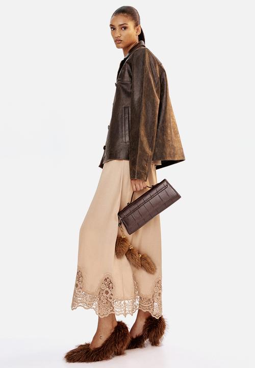 Lace-trimmed satin skirt - beige - 1310814001
