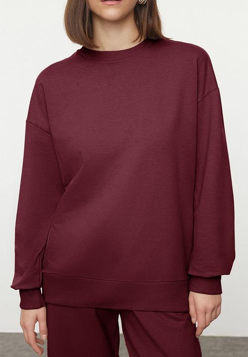 Trendyol - Wide Leg Knitted Sweatshirt and Sweatpants Set - Burgundy