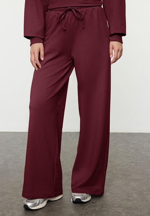 Trendyol - Wide Leg Knitted Sweatshirt and Sweatpants Set - Burgundy