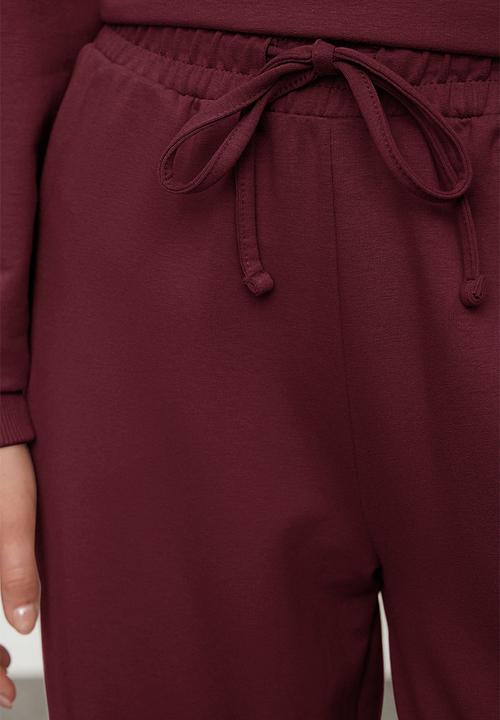 Trendyol - Wide Leg Knitted Sweatshirt and Sweatpants Set - Burgundy