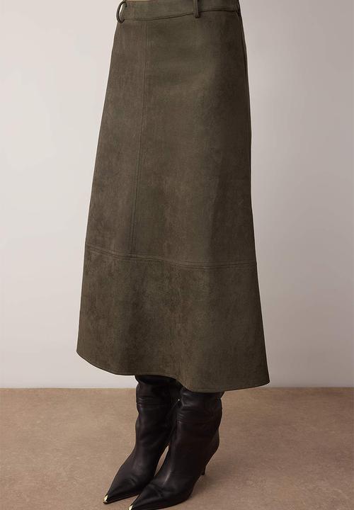 Trendyol - A-Line Midi Knitted Suede Skirt - Khaki