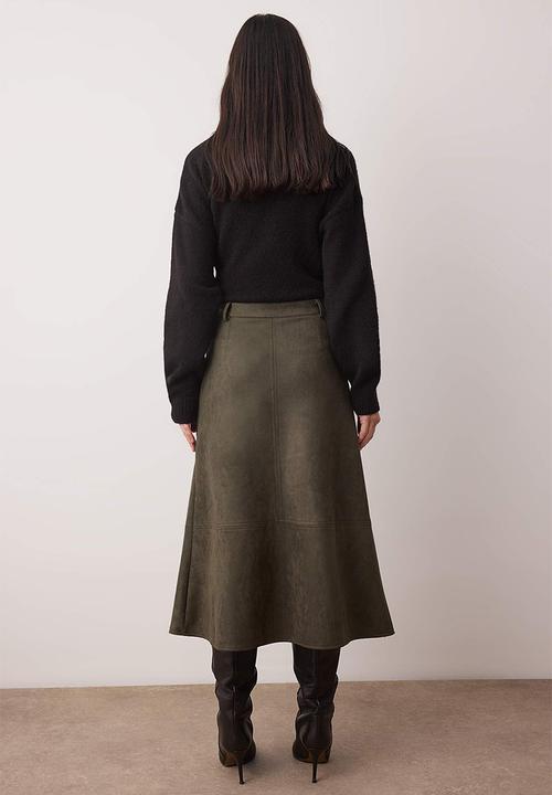 Trendyol - A-Line Midi Knitted Suede Skirt - Khaki