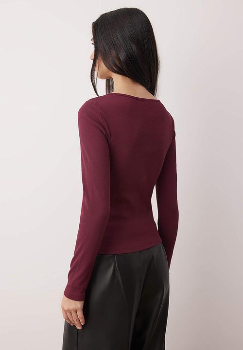Trendyol - Button Detailed Crew Neck Ribbed Stretchy Regular Length Knitted Blouse - Plum