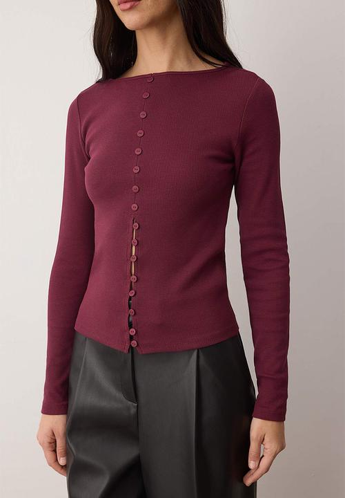 Trendyol - Button Detailed Crew Neck Ribbed Stretchy Regular Length Knitted Blouse - Plum