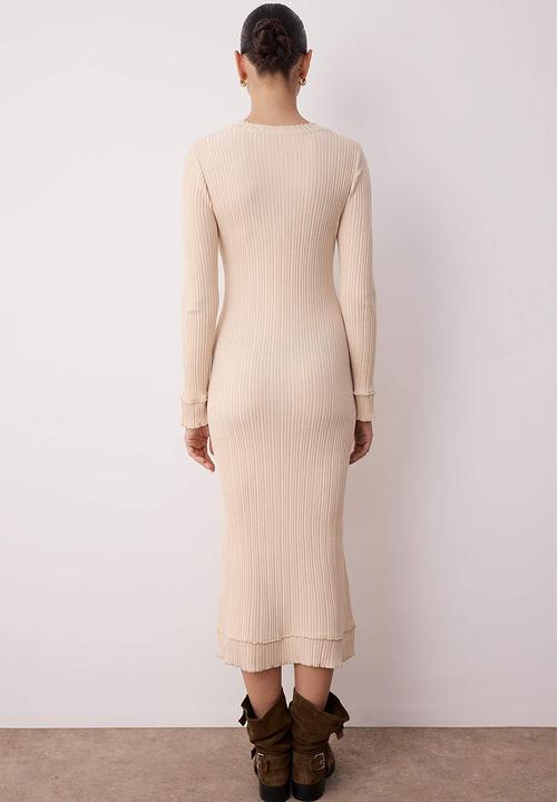 Trendyol - Maxi Ribbed Stand Collar Knitwear Dress - Powder