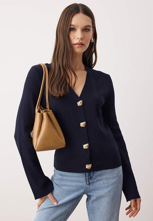 Trendyol - Button Detailed Plain Knitwear Cardigan - Navy Blue
