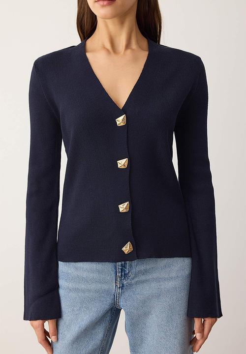 Trendyol - Button Detailed Plain Knitwear Cardigan - Navy Blue