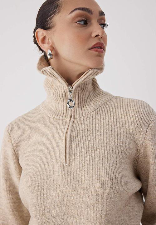 Trendyol - Wardrobe Essentials Wool Premium Yarn Zippered Basic Knitwear Sweater - Stone